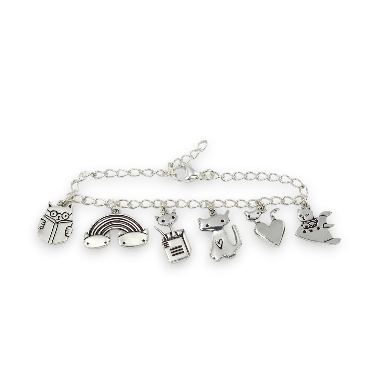 Six Cats Charm Bracelet - Sterling Silver Bracelet with 6 Unique