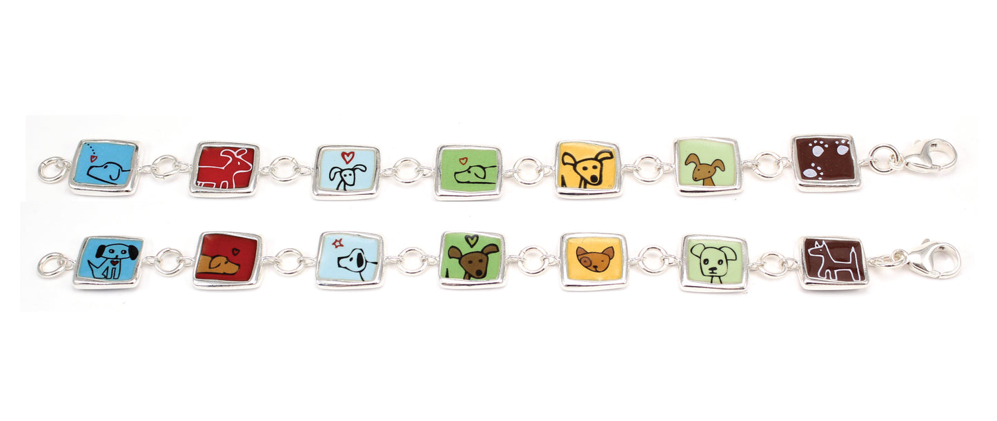 Reversible Sterling Silver and Enamel Dogs vs Dogs Bracelet - 14 Hand Drawn Dog Designs - Gift for Dog Mom