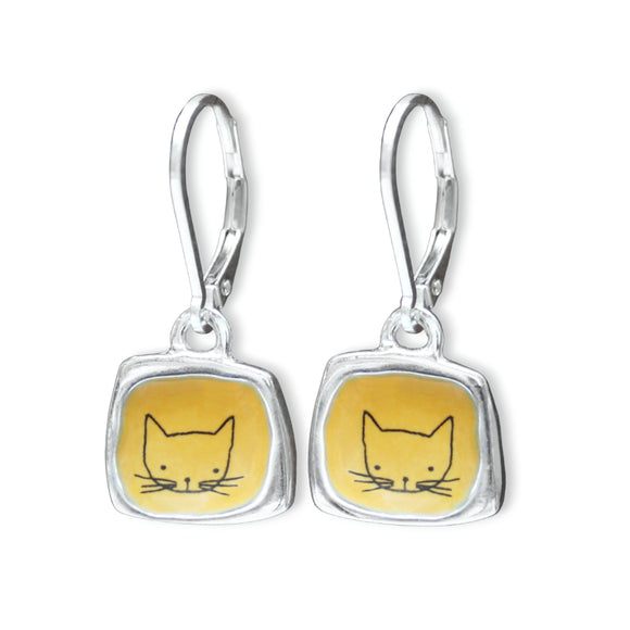 Sterling Silver Orange Cat Earrings - Adorable Cat Jewelry - Lever Back Ear Wires and Vitreous Enamel