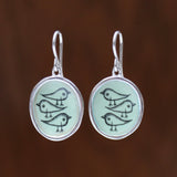 Three Birds Earring - Adorable Bird Enamel Drawing on Sterling Silver Dangle - Bird Pattern
