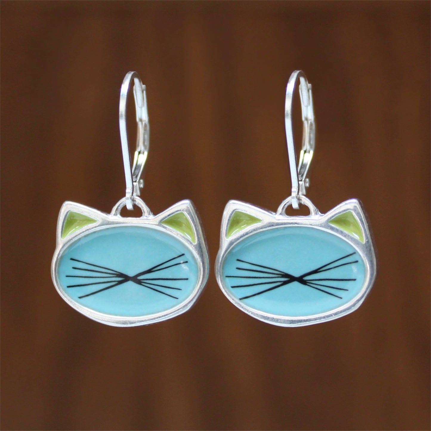 Bright Colored Cat Earrings- Cat Dangle Lever Back - Reversible Cat Jewelry Sterling and Vitreous Enamel
