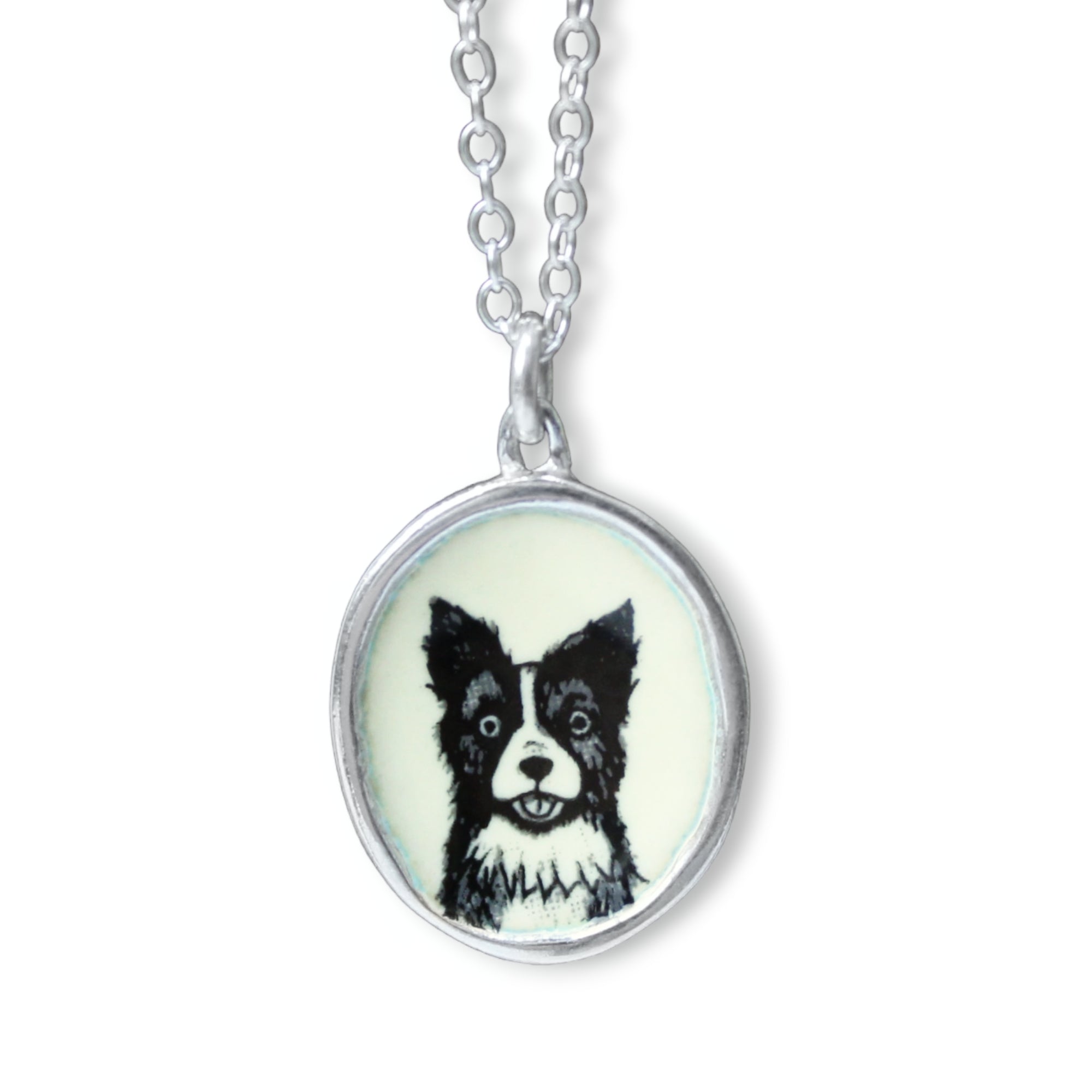 Sterling Silver and Enamel Border Collie Necklace Adorable Dog