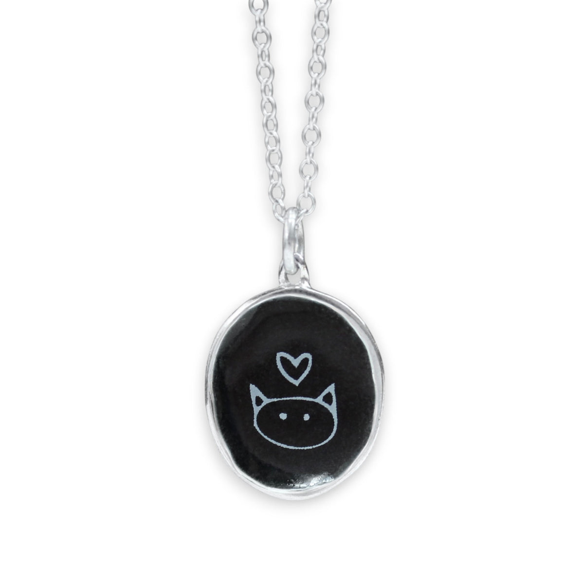 Black and White Cat Necklace in Sterling Silver and Enamel