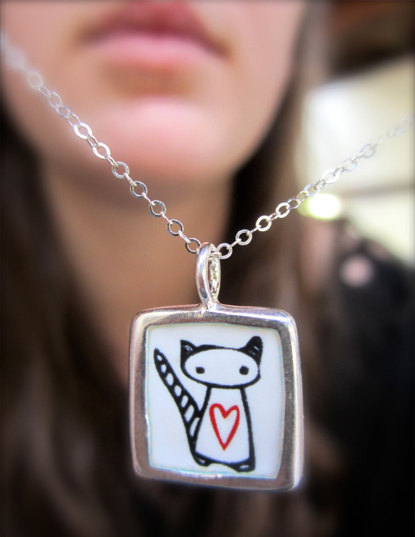 Sterling Silver and Enamel Love Cat and Stripe Heart Necklace