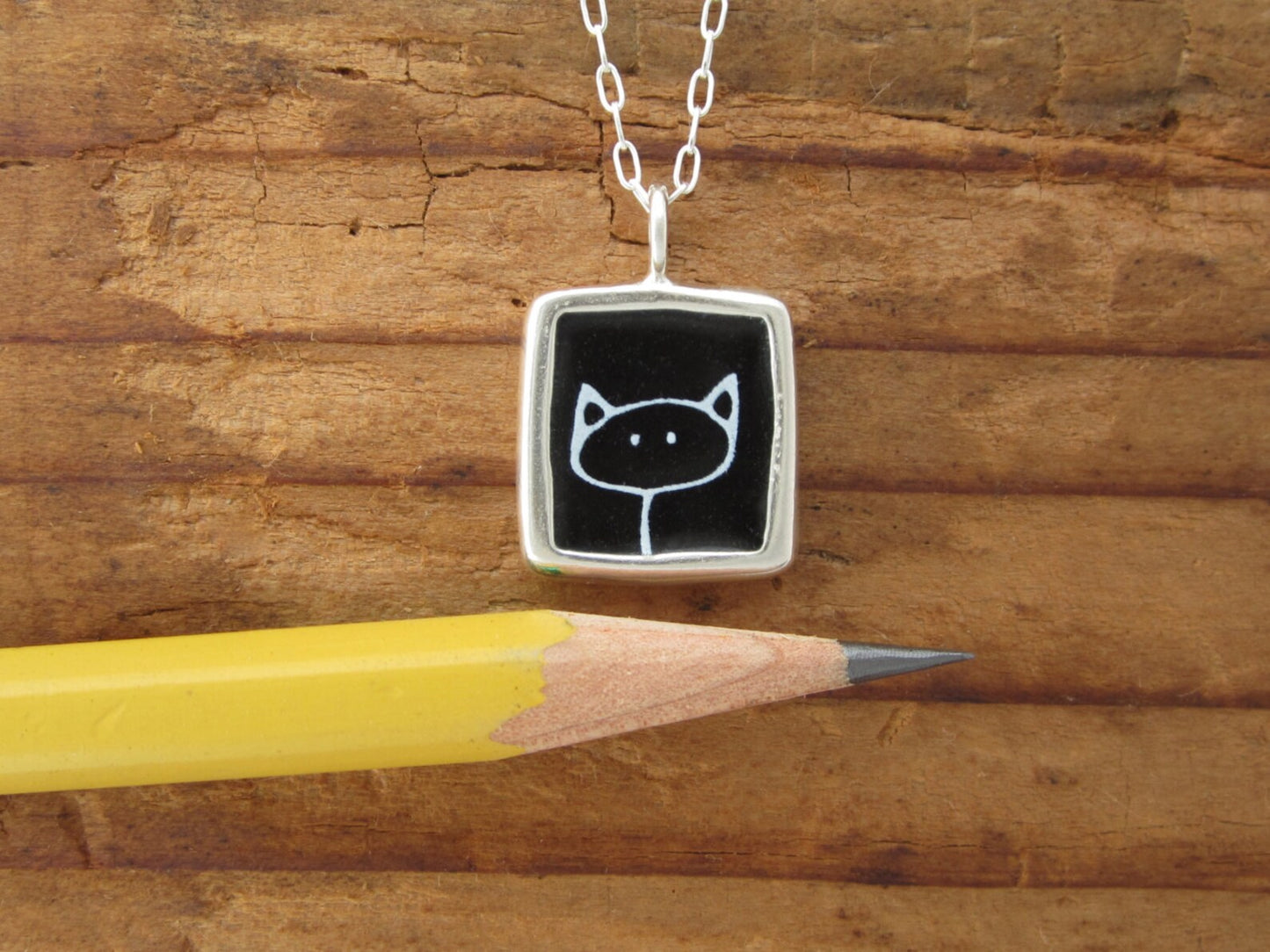 Reversible Sterling Silver and Enamel Love Kitty and Stick Kitty Necklace