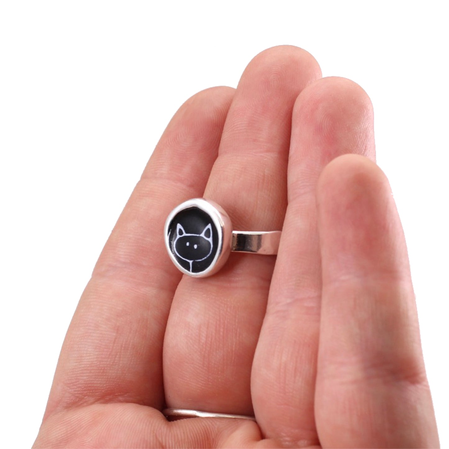 Sterling Silver and Enamel Round Stick Kitty Ring in Black and White - Cat Jewelry