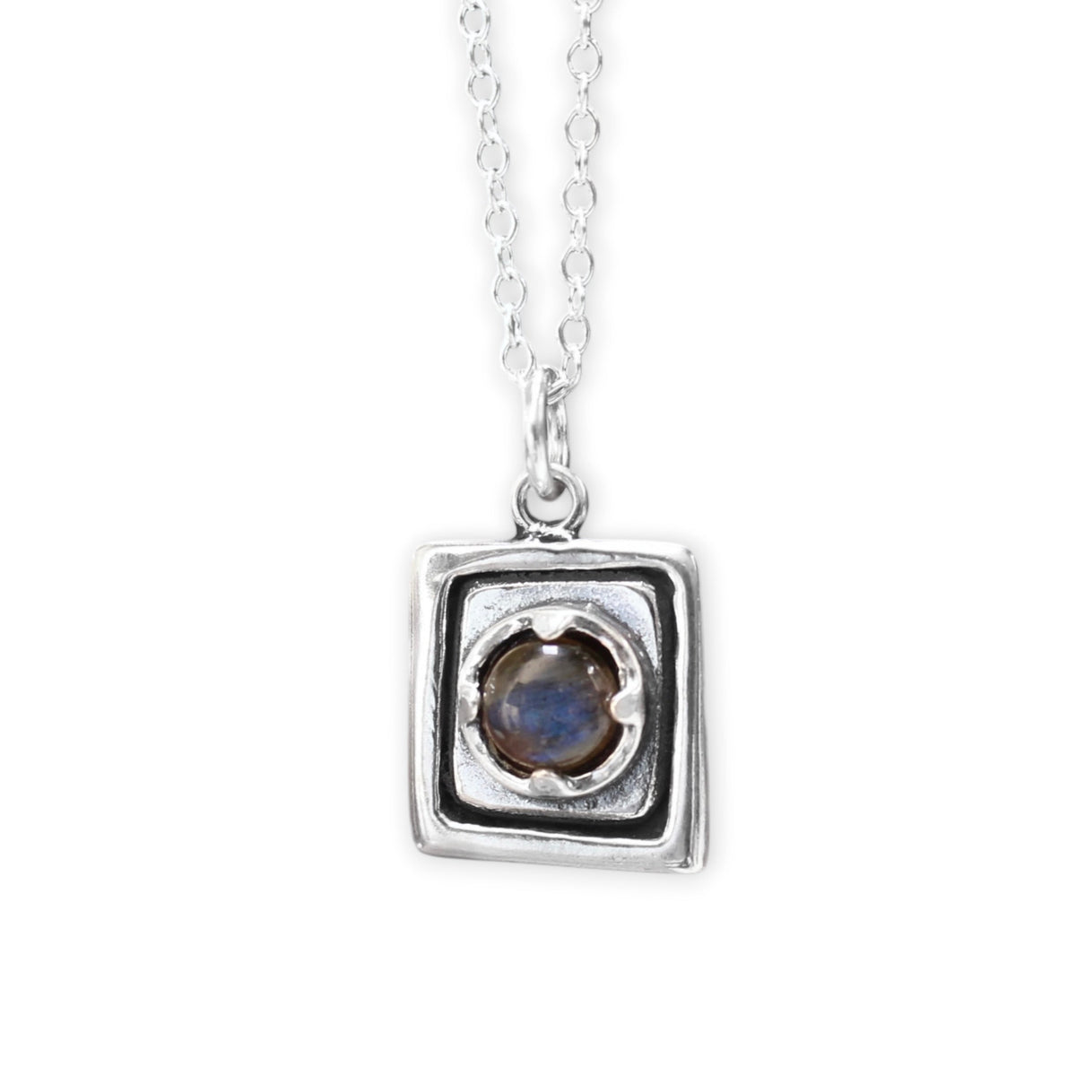 Rustic Square Prong Set Labradorite Pendant Necklace on Adjustable Chain