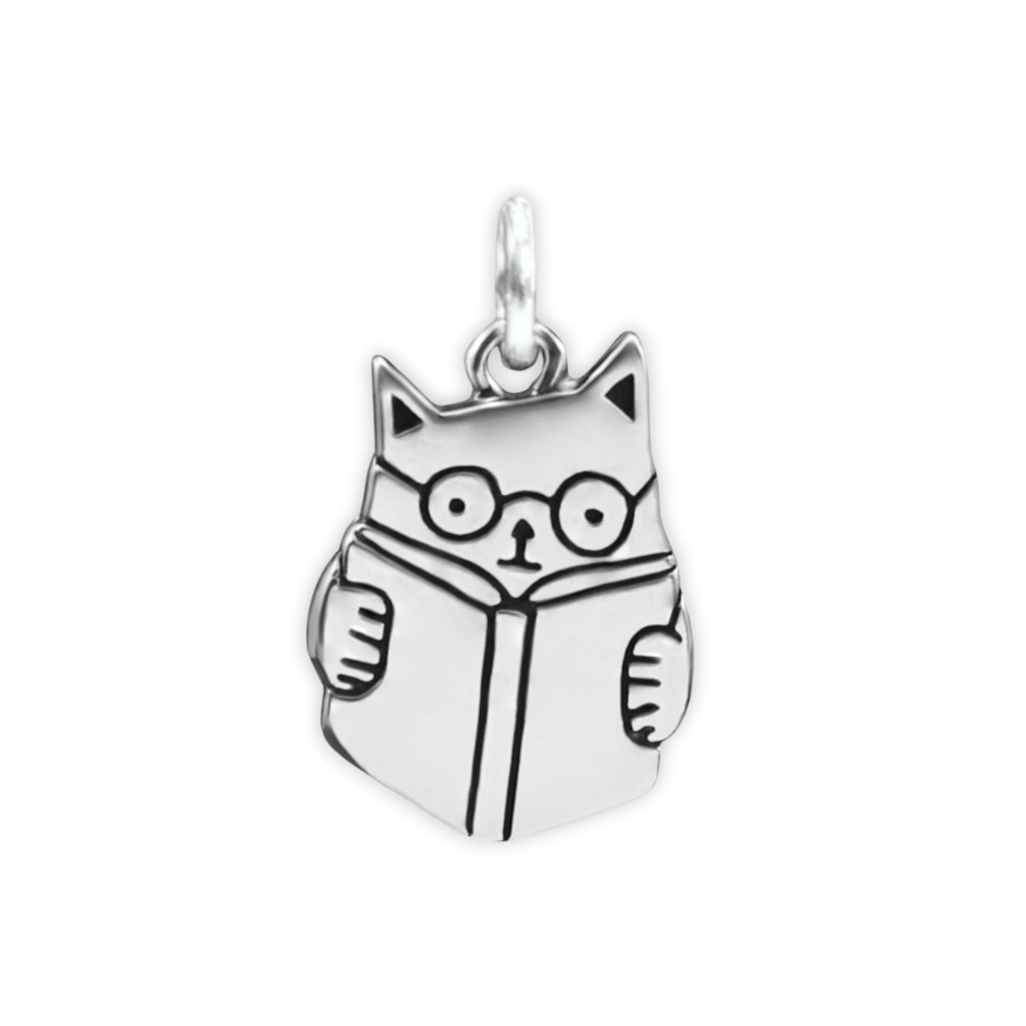 Sterling Silver Book Cat Charm Necklace - Smart Cat Jewelry