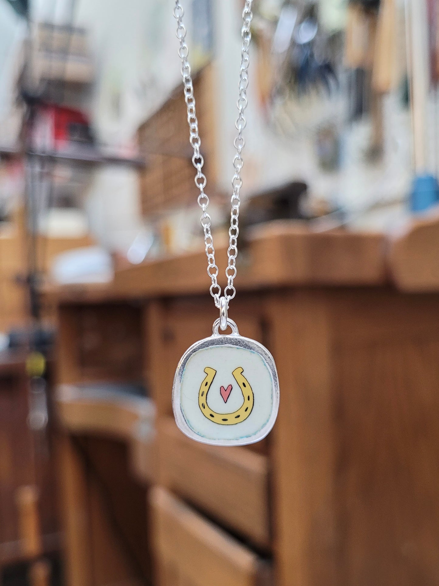 Sterling Silver Lucky Horse Charm Necklace Made With Enamel on Adjustable Chain