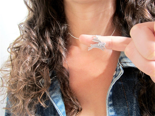 Sterling Silver Flying Bunny Necklace on Adjustable Chain