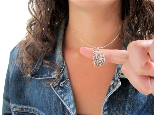 Sterling Silver Knitting Cat Charm Necklace on Adjustable Chain