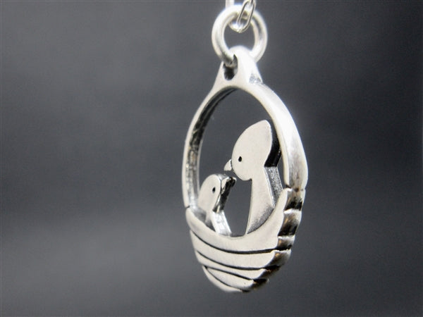 Sterling Silver Bird Nest Charm - Mama Bird and Baby Bird Necklace on Adjustable Chain