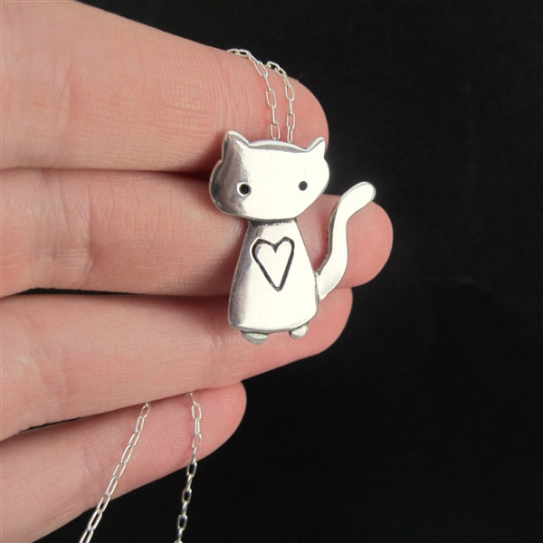 Sterling Silver Love Cat Charm Necklace on Adjustable Chain