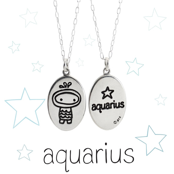 Oval Sterling Silver Aquarius Charm Necklace on Adjustable Chain