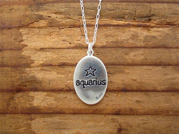 Oval Sterling Silver Aquarius Charm Necklace on Adjustable Chain