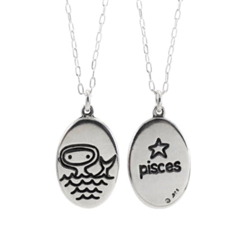 Oval Sterling Silver Pisces Necklace on Adjustable Chain - Zodiac Charm