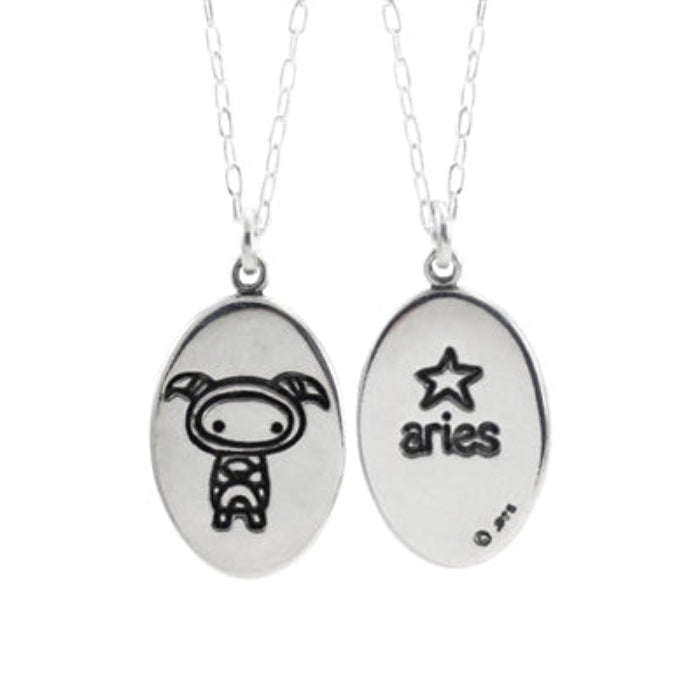 Oval Sterling Silver Aries Charm Necklace on Adjustable Chain - Zodiac Jewelry