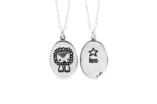 Oval Sterling Silver Leo Charm Necklace on Adjustable Chain