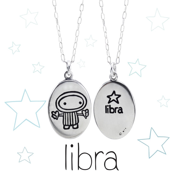 Oval Sterling Silver Libra Charm Necklace on Adjustable Sterling Chain