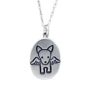Oval Sterling Silver Angel Dog Necklace on Adjustable Chain - Custom Stamped Dog Memorial Charm Pendant