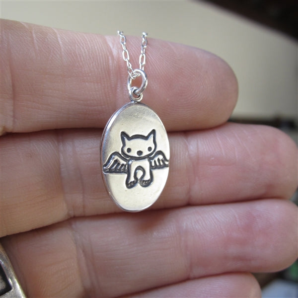 Oval Sterling Silver Angel Cat Necklace on Adjustable Chain - Custom Stamped Cat Memorial Charm Pendant