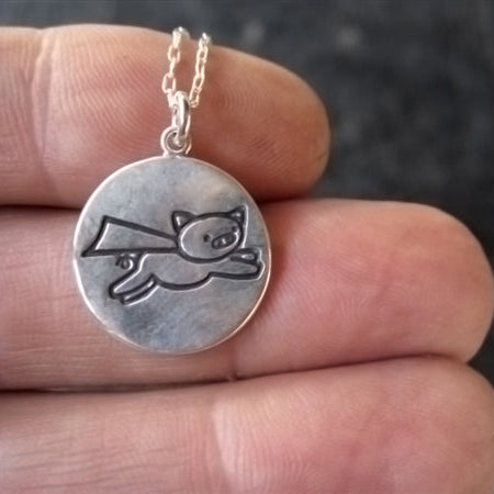 Round Sterling Silver When Pigs Fly Charm Necklace on Adjustable Chain