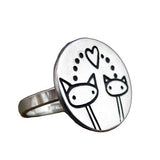 Round Sterling Silver Cat Love Ring
