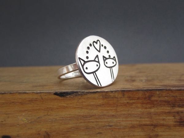 Round Sterling Silver Cat Love Ring