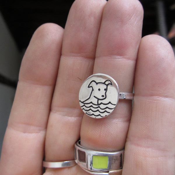 Round Sterling Silver Swimming Dog Ring