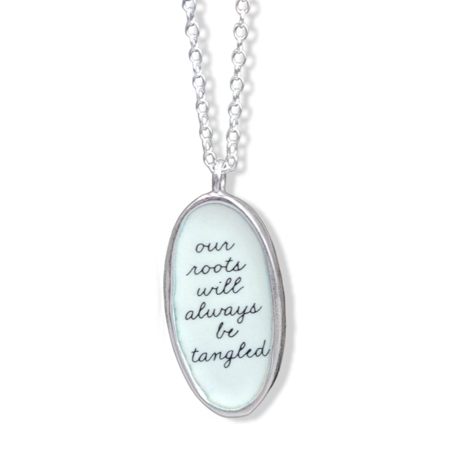 Reversible Sterling Silver and Enamel Trees and Roots Pendant with Quote - Romantic Jewelry