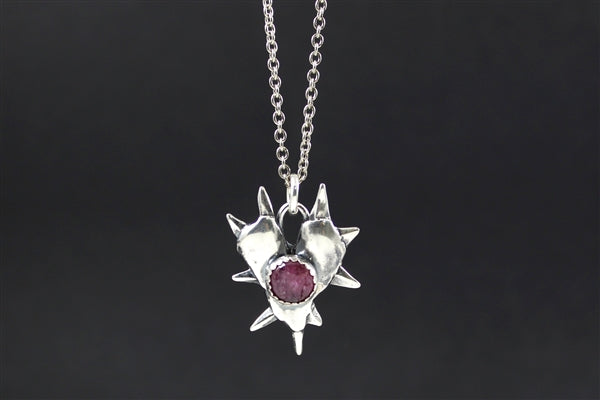 Spiked Heart Ruby Necklace - Rose Cut Ruby Gemstone Pendant - Whimsy Goth Charm