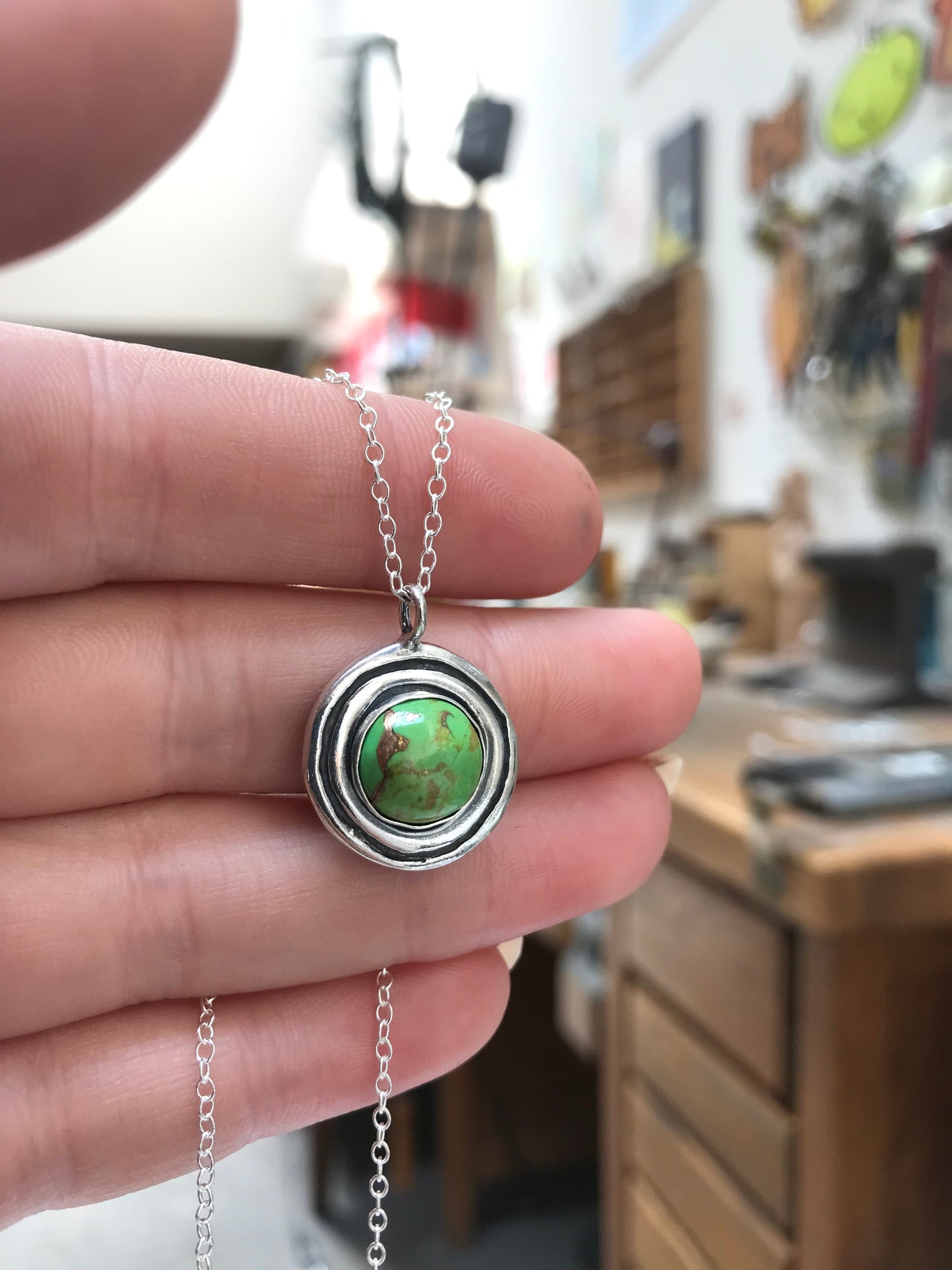 Sterling Silver Green Copper Turquoise Necklace on Adjustable Chain