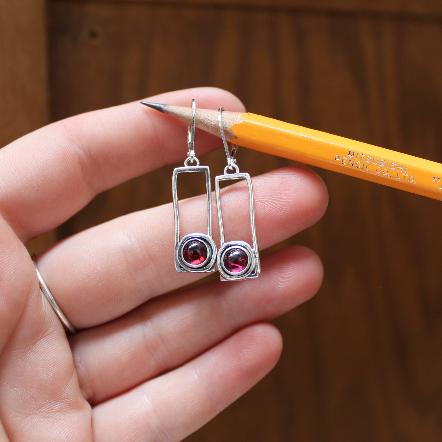 Modern Garnet Earrings - Sterling Silver and Garnet Dangle Earrings on Lever Back Ear Wires