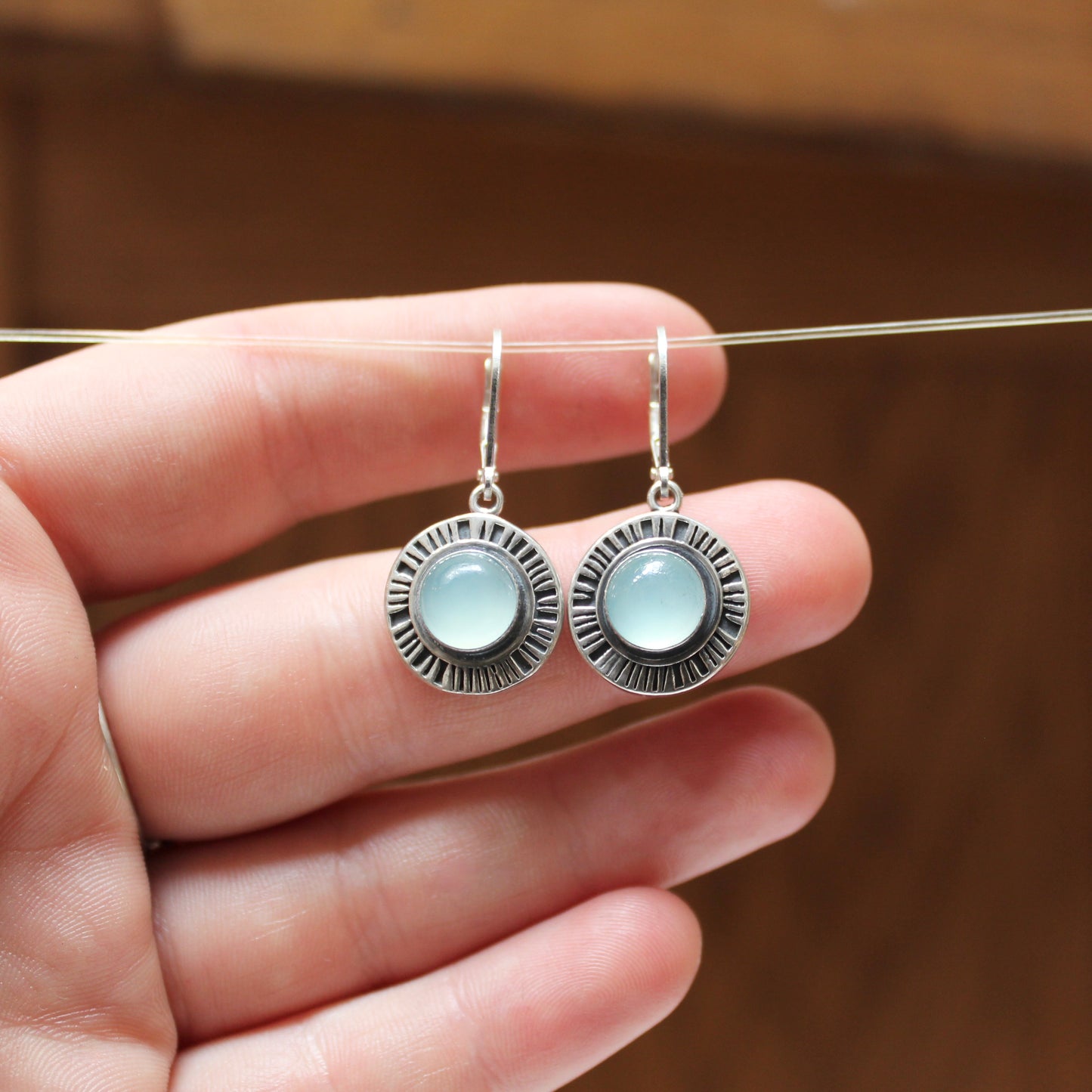 Sterling Silver and Chalcedony Starburst Earrings on Lever Back Ear Wires