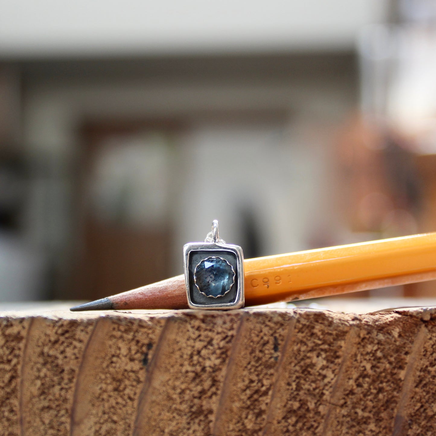Tiny Faceted Moss Kyanite and Sterling Silver Pendant - Shadowbox Style Teal Kyanite Necklace
