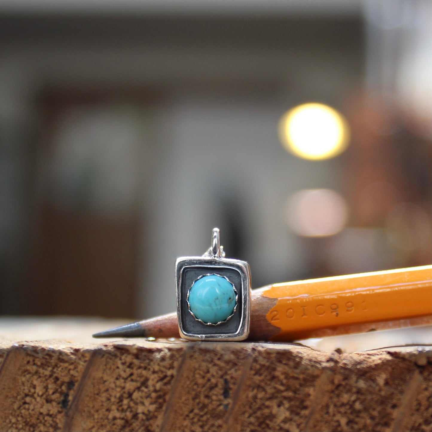Tiny Kingman Turquoise Pendant - Sterling Silver and 6mm Turquoise Shadowbox Style Southwestern Necklace