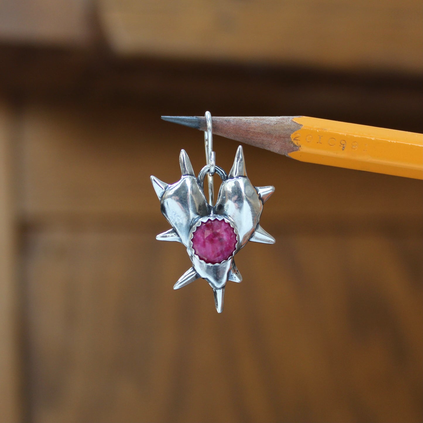 Sterling Silver and Ruby Spiked Heart Earrings