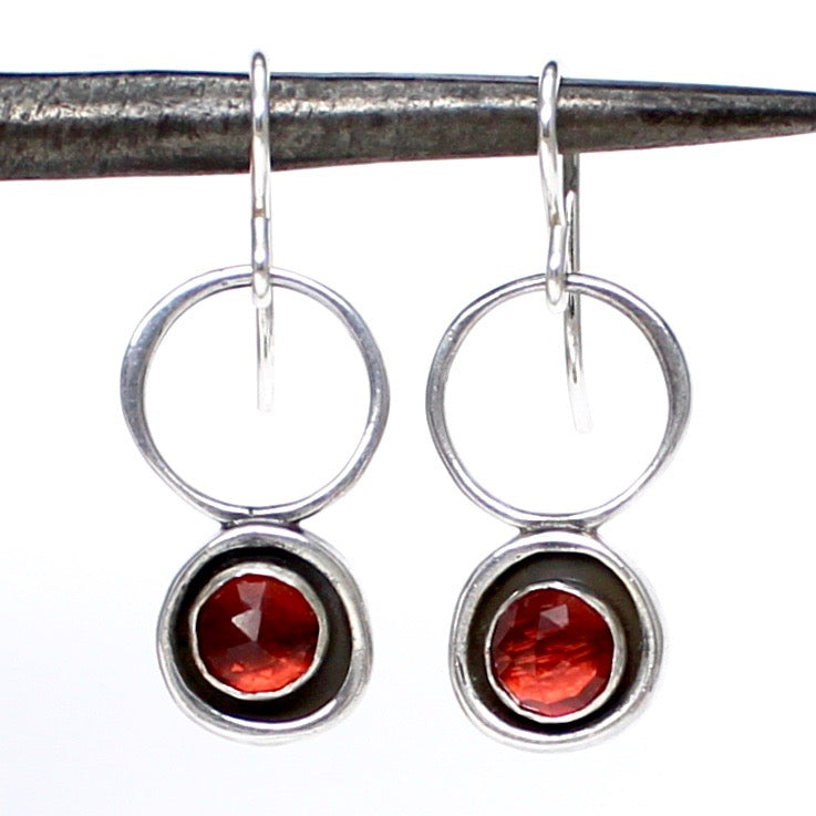 Modern Garnet Circle Earrings - Rose Cut Garnet and Sterling Silver Dangle Earrings