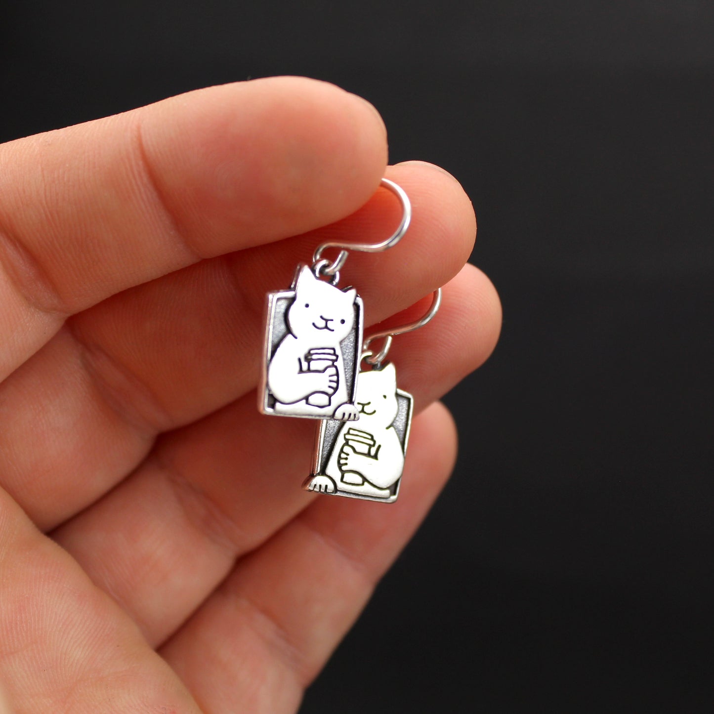 Coffee Cat Charm Earrings - Cute and Funny Cat Mom Gift - Coffee Lovers - Cat Ladies - Handmade Original Cat Charm Earrings