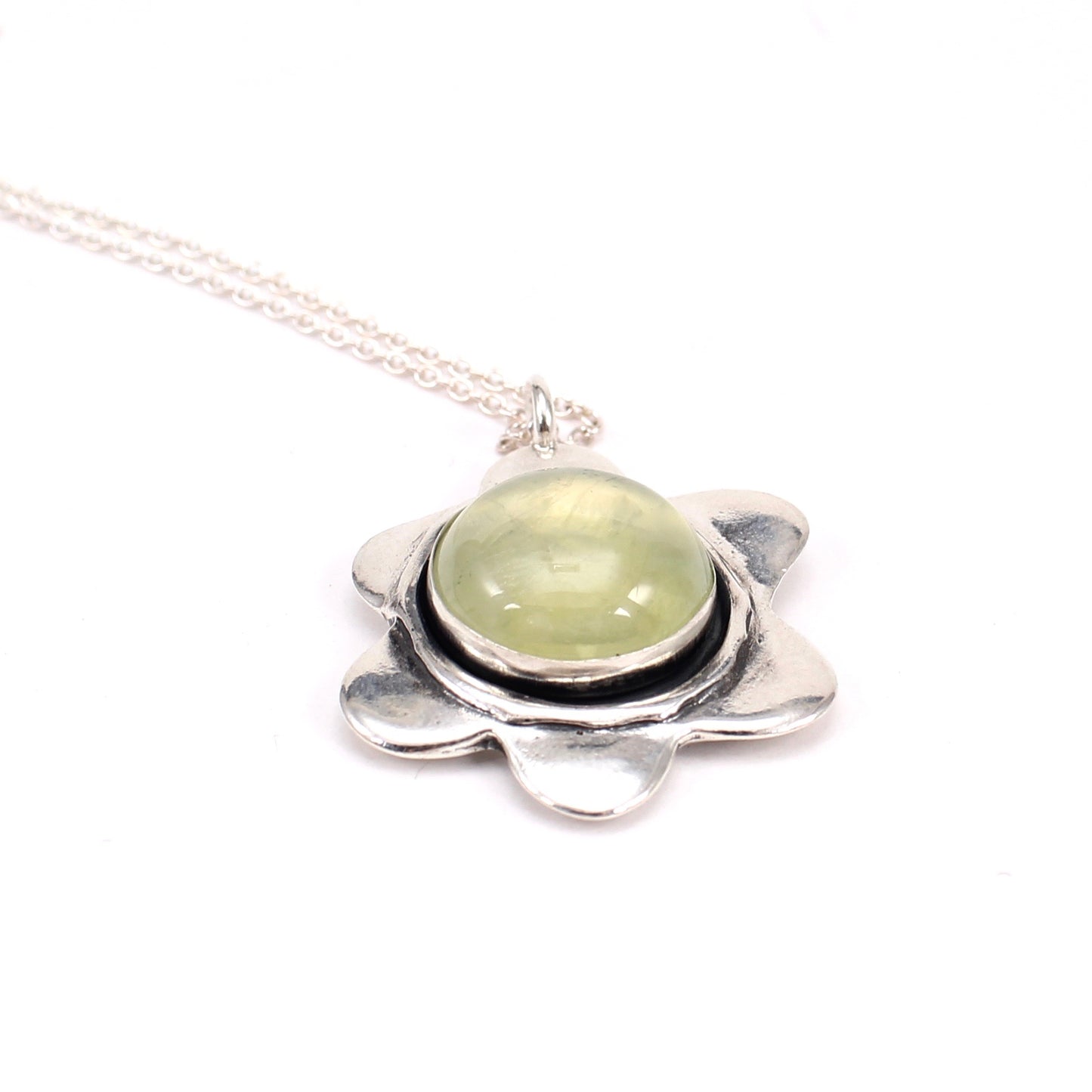 Light Green Prehnite and Sterling Silver Flower Necklace - Flower Power Gemstone Pendant - Statement Necklace