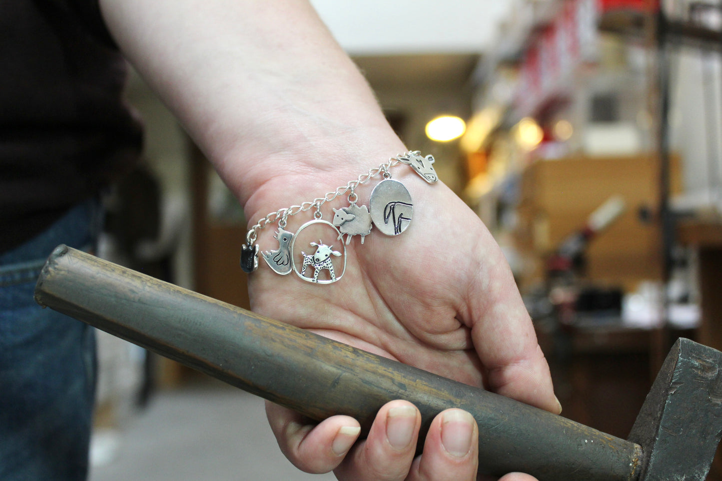 Farm Animal Charm Bracelet - Sterling Silver Bracelet with Cow, Horse, Sheep, Goat, Chicken and Pig Charms