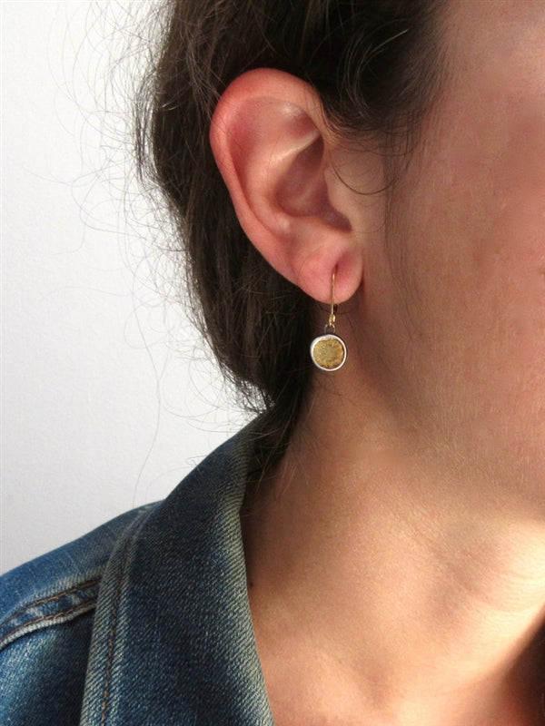 Small Round 24K Gold and Sterling Silver Earrings - Keum-Boo Dangles on Gold Fill Lever Backs