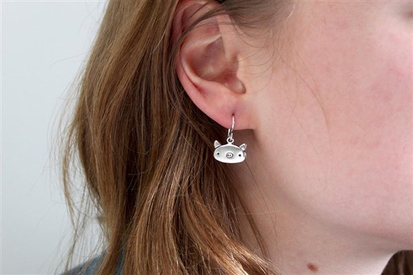 Gold Pig Charm Earrings - Adorable Gold Dipped Sterling Silver Pig Dangle Earrings - Handmade Original Piglet Design