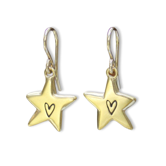 Gold Star Earrings - Solid Sterling Stars With Hearts Dipped In Gold