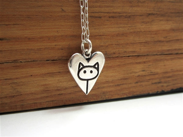 Sterling Silver Reversible Cat and Mouse Heart-Shaped Necklace - Rat Charm