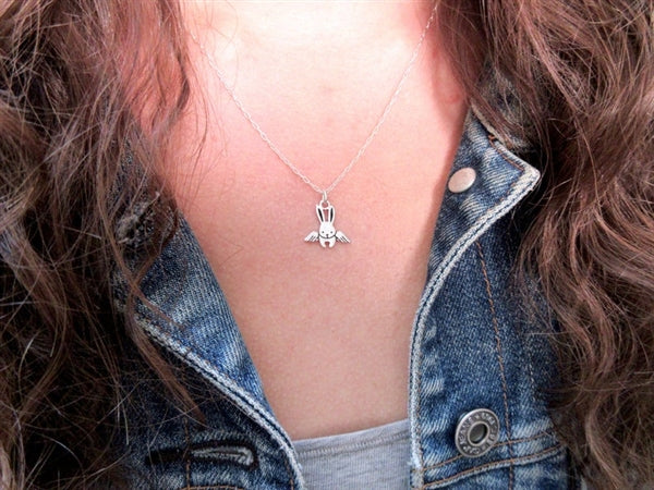 Sterling Silver Angel Bunny Charm Necklace - Angle Rabbit Pendant