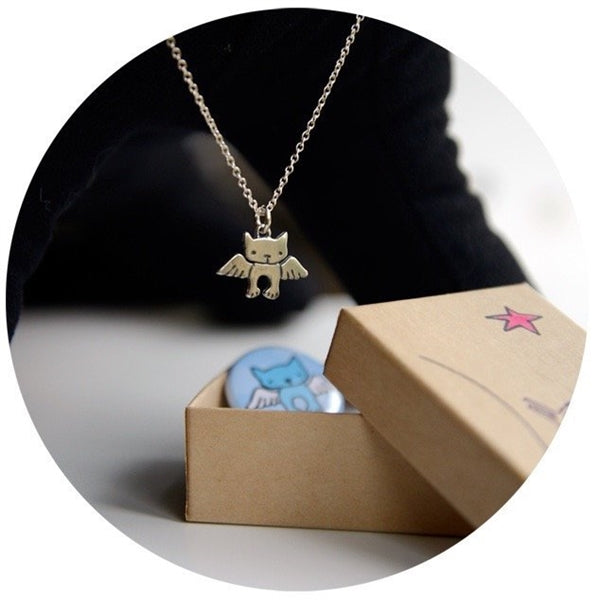 Sterling Silver Angel Kitty Charm Necklace- Cat Memorial Charm on Adjustable Chain