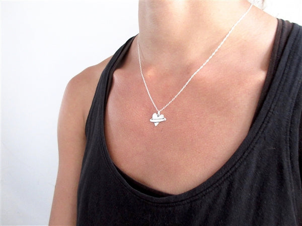 Sterling Silver Planet Heart Necklace on Adjustable Sterling Chain - Adorable Heart Charm