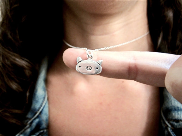 Sterling Silver Pig Charm Necklace on Adjustable Sterling Chain - Pig Charm