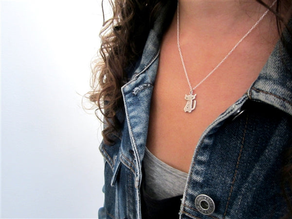 Sterling Silver Love Cat Charm Necklace on Adjustable Sterling Chain - Cat Charm